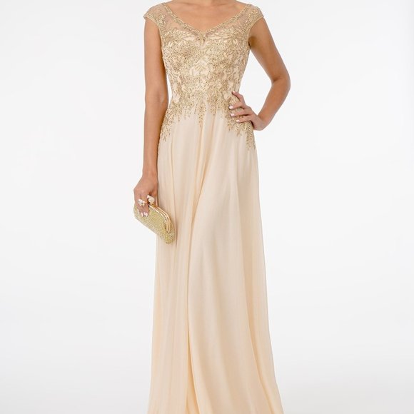 CHAMPAGNE Mother of Bride Embroidered Bodice V-Neck Long Dress w/ V-Back GL1826 - Picture 7 of 7